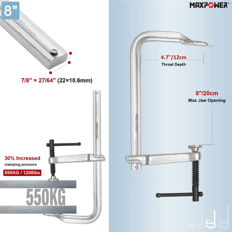 Side view of 8-inch light duty F clamp with 4.7-inch throat depth, up to 580 lbs clamping force, shown with rail specifications.