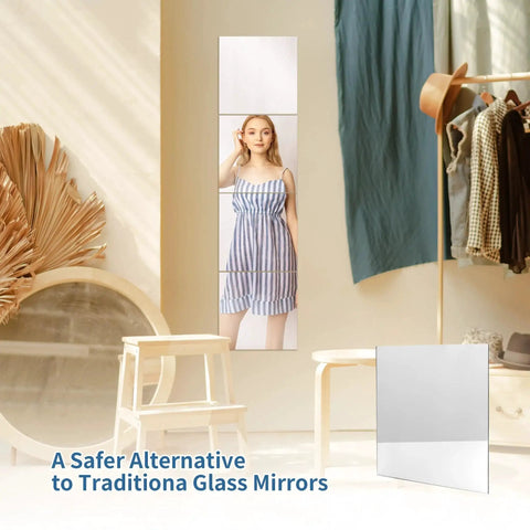 Five Pack 12x12 Inch Silver Mirrored Acrylic Sheets One Eighth Inch Thick For Laser Cutting Crafts Dope DIY Projects And Art Displays Glossy Mirror Sheets With Protective Film On Both Sides KEJJNYER displayed as wall mirrors in bright decor setting