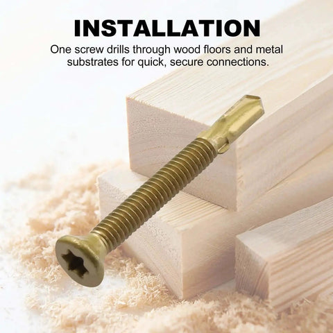 Reamer Tek Self Drilling Screws For Wood To Metal With Torx T30 Star Head Two And Three Quarter Inch Long 0.24 Inch Shank Ideal For Flatbeds And Trailers 100 Pieces, shown with wood blocks