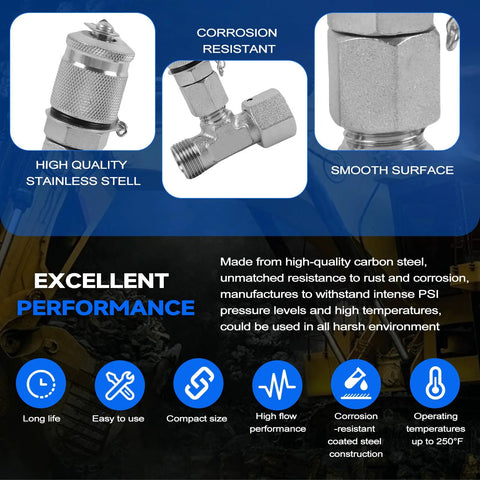 SINOCMP 14pc tee fittings hydraulic test connector set for excavator, stainless steel, corrosion resistant