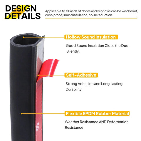 Close-up of heavy duty D shape weather stripping showing self-adhesive EPDM rubber material with design details.