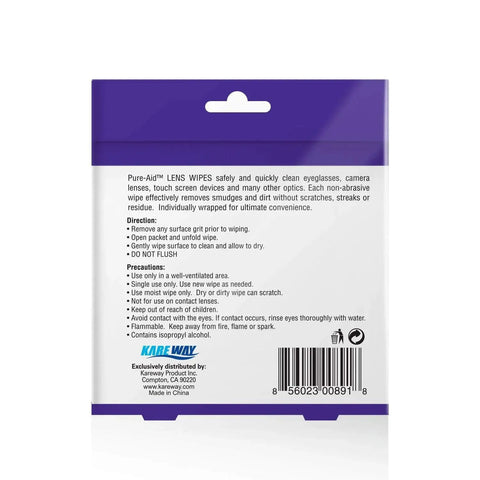 Back view of Lens Wipes For Eyeglasses Camera Lenses And Screens 100 Count Pack, showing packaging details and barcode.