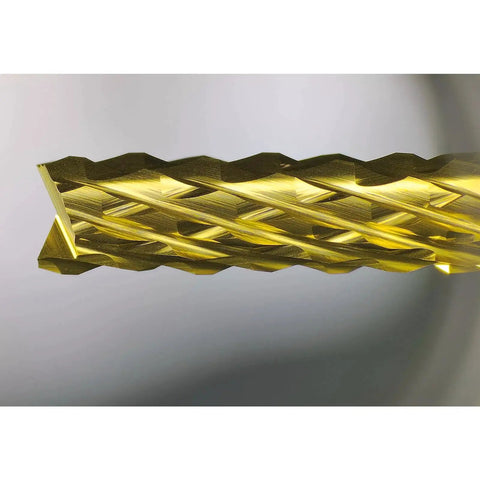 Close-up of 2.0mm TiN Coated Solid Carbide End Mills Set For PCB Engraving And CNC Routing, showing cutting edge details.