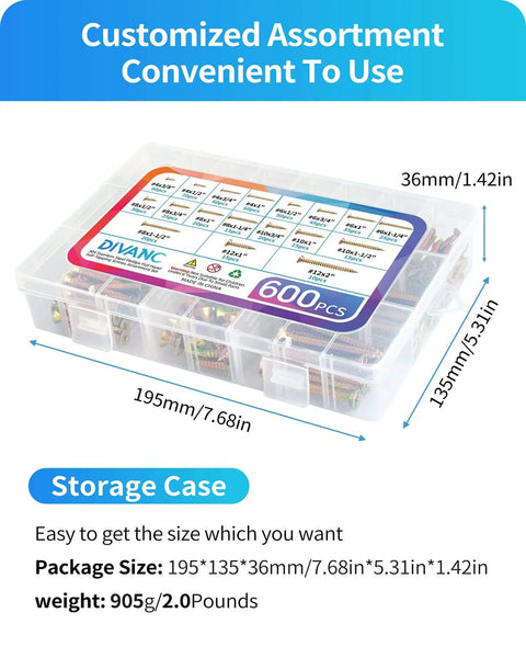 600 Piece Stainless Steel Wood Screws Kit With Zinc Plated Finish in clear storage case, dimensions labeled, 18 common sizes