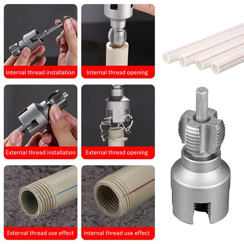 2 In 1 Internal And External Pipe Threading Tool For One Half And Three Quarter Inch PVC Pipe, Electric Drill Compatible Kit in use