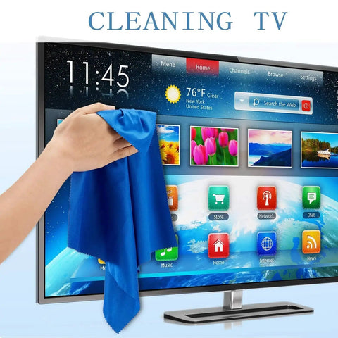 Hand cleaning TV screen with Large Microfiber Cleaning Cloths 12X12 12 Pack for glasses screens electronics