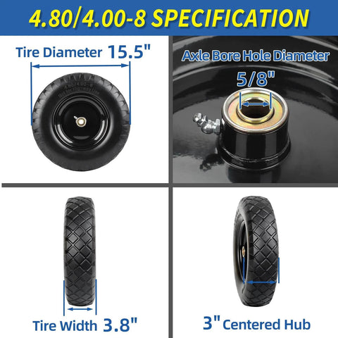 Specifications of Solid Flat Free Tire And Wheel For Garden Cart 4.80/4.00-8 Inch, shown in diameter, width, and hub details.