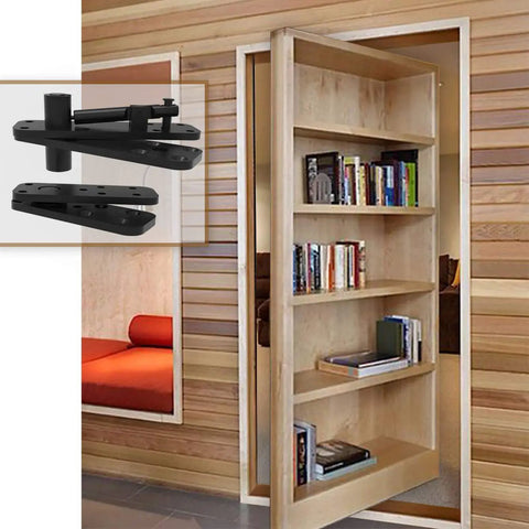 Beefy Heavy Duty Stainless Steel Hidden Door Pivot Hinge System for Wooden Doors 360 Degree Rotation Invisible Door Hinges Set Black Finish 1 Pack Rugged Construction Premium Furniture Hardware shown installed on wooden bookshelf door, open to reveal a hidden room.