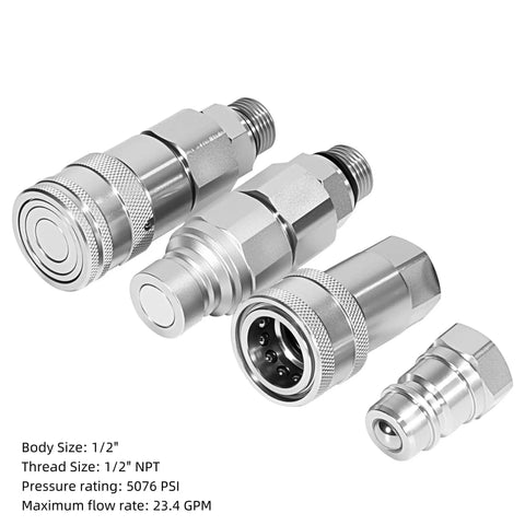 Built Tough 1/2 Inch Flat Face Hydraulic Quick Connect Couplers ISO 16028 to AG ISO 5675 set with dust caps