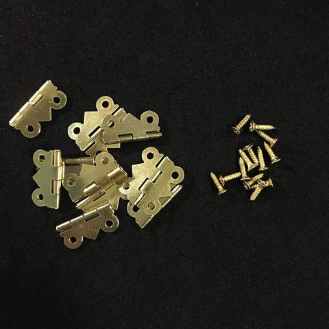 Antique Brass Mini Butterfly Hinges With 200 Screws For Wooden Boxes And Jewelry Chests 50 Pieces 20x17mm on black background