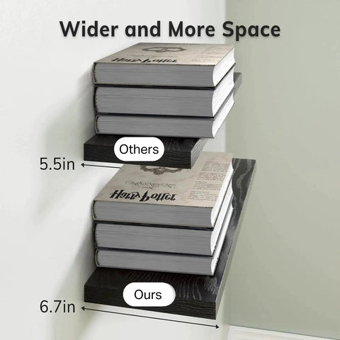 Comparison of two wall floating shelves showing width difference, part of Wall Mounted Rustic Wood Shelves for Bathroom, Bedroom, Living Room, Kitchen, Hanging Shelf for Books/Storage/Room Decor with 22lbs Capacity (Black, Set of 3, 15.7in)