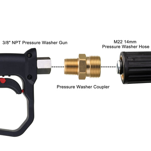 Brass M22 pressure washer fitting, 3/8 in NPT male to 14 mm M22 male, between spray gun and hose