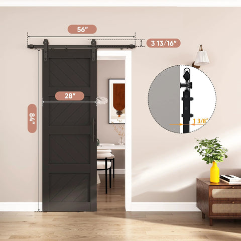 Slim 28 By 84 Inch Wave Shape Black Sliding Barn Door With Hardware Kit, shown installed in a modern room setting