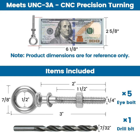 Set Of Five Eye Bolts With One Quarter Inch Thread Three Inch Overall Length T316 Stainless Steel Marine Grade Includes Nuts Washers And Drill Bit Heavy Duty Shoulder Lifting Ring displayed with size chart and drill bit.