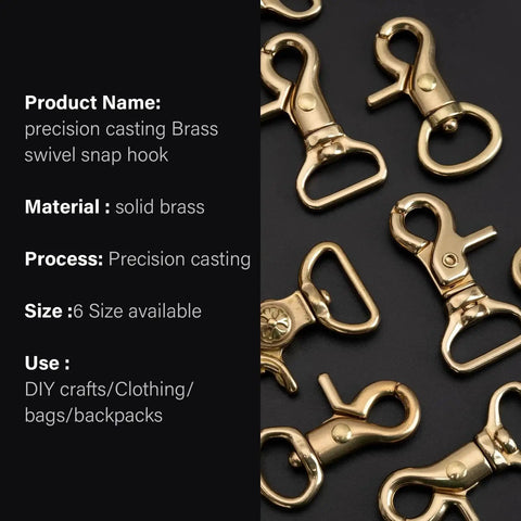 Solid Brass Trigger Snap Hooks Lobster Clasps on black background for DIY crafts