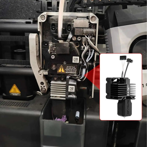 P1P and P1S Hotend Kit for P1 Series 3D Printer installation with hardened steel hot end and cooling fan visible