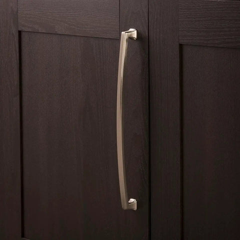 Solid Core Kitchen Cabinet Pulls in Satin Nickel 12 Inch Hole Center Bridges Collection with mounting hardware on dark cabinet door