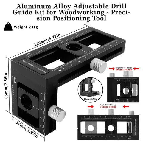Pro Grade 2-In-1 Doweling Jig Kit For Woodworking With Aluminum Alloy Body Self Centering Drill Guide And Vertical Hole Locator Includes 8 Drill Bushings Adjustable Wood Joint Locator, image showing measurements and features.