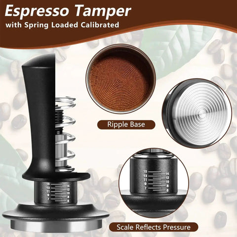 Close-up of calibrated espresso tamper with ripple base and pressure scale, part of All In One 7 Piece Espresso Accessories Kit For Home Baristas Includes 54mm Espresso Tamper WDT Needle Stirrer Wood Tamping Station Dosing Funnel Brush Puck Screen And Distributor For Perfect Clean Shots Every Time.