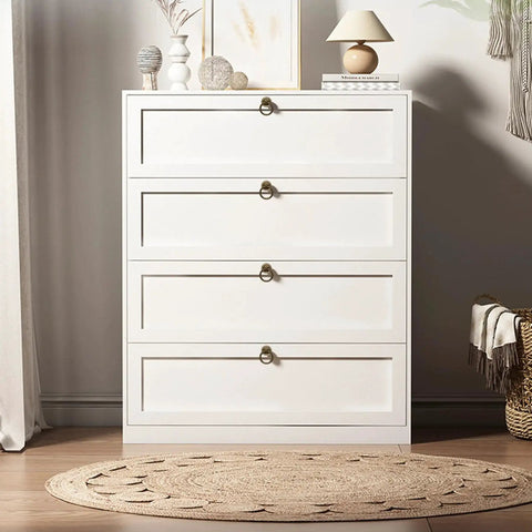 White dresser with Solid Brass Cabinet Ring Pulls Six Pack Antique Circle Drawer Pulls and decor on top in a cozy room setting.