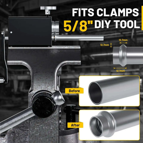 Heavy Duty Bead Roller Tool For Tube And Pipe Beading, shown clamped with before and after beading results on aluminum tubing