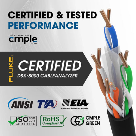 Fluke certified Cat6 Ethernet Cable 1000ft bulk LAN wire 23AWG UTP CMR riser, ISO and RoHS compliant for high-performance networks.