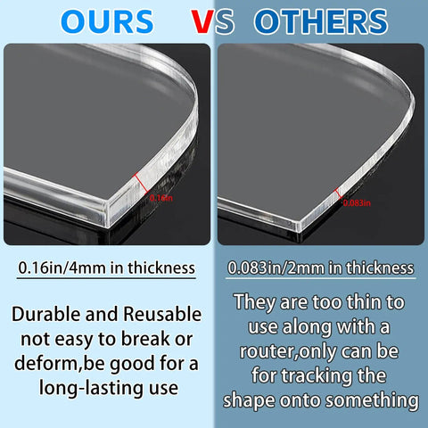 Comparison of two acrylic router templates, one 0.16 in thick labeled 'Ours' and one 0.083 in thick labeled 'Others'.