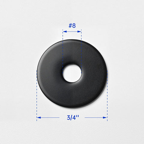 Black oxide stainless steel fender washer, 3/4 inch outer diameter with hole for #8 screw, front view