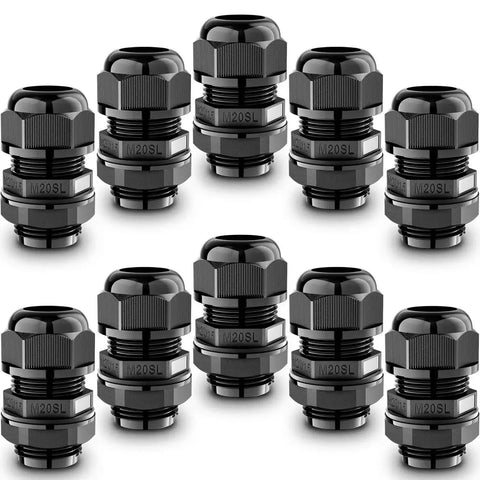 10 Pack M20SL Long Thread Cable Gland Waterproof IP68 Nylon Strain Relief Cord Grip shown arranged for display