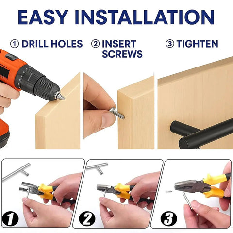 Installation of 15 Pack Black Cabinet Handles 5 Inch Stainless Steel Drawer Pulls with precise hole spacing using drill and screws.