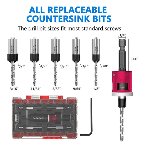 5 Piece Countersink Drill Bit Set With Adjustable Depth Stop And Quick Change Quarter Inch Hex Shank For Woodworking 82 Degree Chamfer Bits In Sizes One Eighth Nine Sixty Fourths Five Thirty Second Eleven Sixty Fourths Three Sixteenths By BURMONG displayed with case and hex key.
