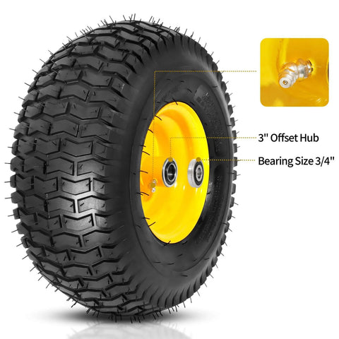 15x6.00-6nhs Beefed Up Lawn Mower Tires and Wheels Set Front Pneumatic Replacement for Riding Mowers and Tractors Three Inch Offset Hub Three Quarters Inch Bearing Two Pack Yellow Compatible With John Deere Mowers