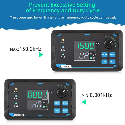 Dual Channel PWM Signal Generator With Independent Display showing frequency limits from 0.001 kHz to 150.0 kHz