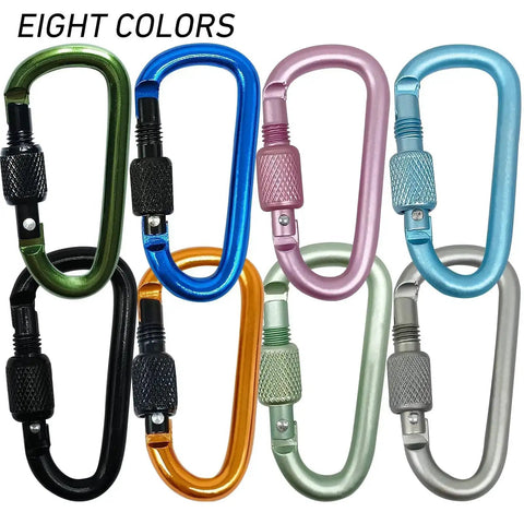 Eight Pack D Shape Carabiner Clips With Screw Gate Two Point Two Inch Aluminum Alloy Key Chain Buckle Mini Keyring Hook in various colors