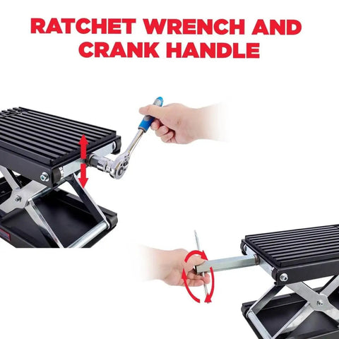 Beefy Heavy Duty 1400 Lb Motorcycle Lift Scissor Jack With Handle And Ratchet Wrench Crank For Dirt Bikes And ATVs in use