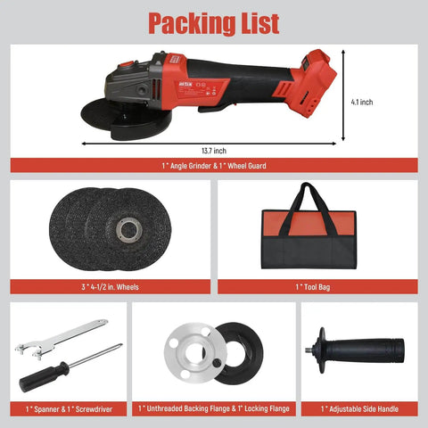 18V Cordless Angle Grinder With Brushless Motor, Eight Thousand RPM Beast For Cutting, Grinding, Polishing Metal, Includes Three Four And One Half Inch Wheels And Handy Tool Bag, Tool Only Battery Not Included, Pro Grade Performance packaging with grinder and accessories