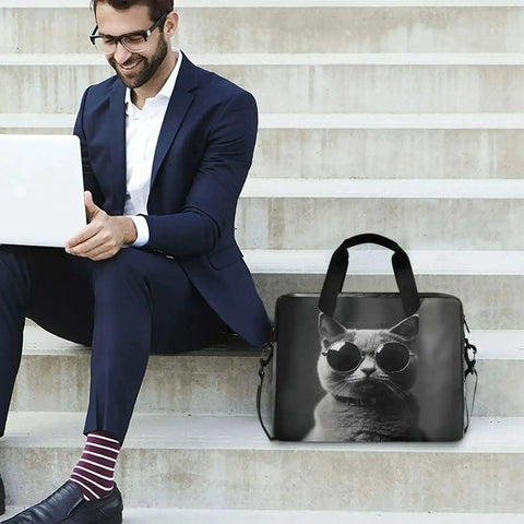 Gray Cat With Sunglasses Laptop Bag For 14 To 16 Inch Notebooks, water resistant briefcase beside a man with a laptop on steps