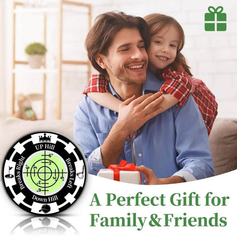 Smiling man with child holding a gift, next to a Two Pack Golf Green Reader Bubble Level Hat Clip for Putting Practice, High Precision Horizontal Bubble, Golf Ball Marker Clip, Training Aid and Accessory Gift for Men and Women, Black Green.