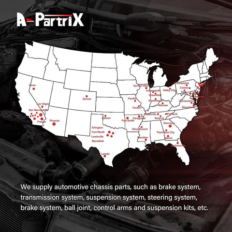 Map of the USA with highlighted cities and automotive chassis parts text overlay, including brake and suspension systems.