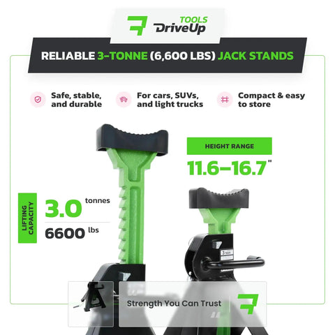 3 Ton Adjustable Floor Jack Stands Set Of 2 With 11 To 17 Inches Lift, black and green, steel, height measurement chart.