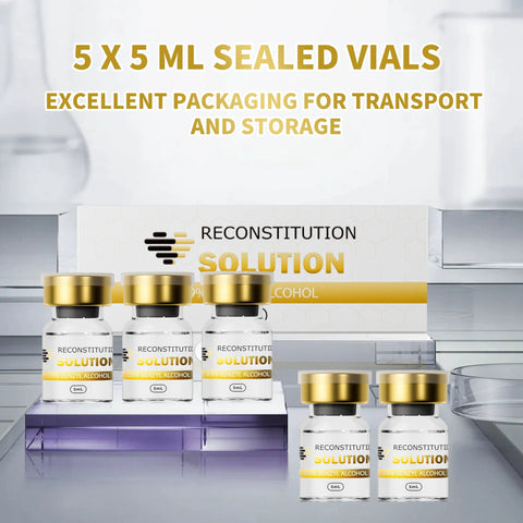 Five 5 mL sealed glass vials with gold caps labeled Reconstitution Solution on display with hex-pattern packaging box.