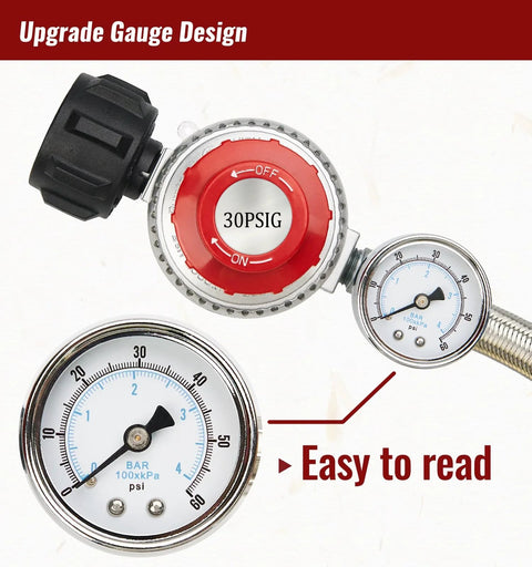 CALPOSE 5ft stainless steel high-pressure propane regulator hose with gauge, 0–30 PSI.