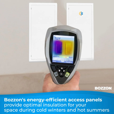 Drywall access panel, 6 x 9 inch, insulated white plastic wall cover; thermal imaging camera held in front