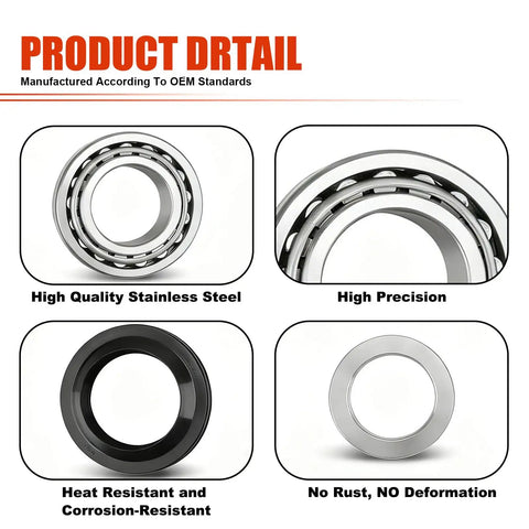 Rear Axle Shaft Wheel Bearing Inner Spacer And Oil Differential Seal Kit For Titan 2004-2007, Frontier 2005-2017, Xterra 2006-2015, close-up of stainless steel and rubber components