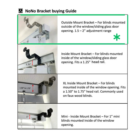 Buying guide showing outside mount bracket for blinds with clip-on design and adjustment range, suitable for curtain rod installation.