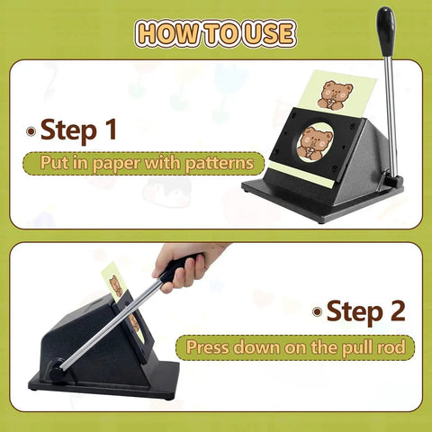 How to use guide for 2.75 Inch Circle Cutter For Badge Making, showing paper insertion and pressing lever steps.
