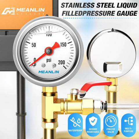 Meanlin 1.5 in stainless steel glycerin-filled pressure gauge, 0–200 psi, mounted on brass valve with NPT fittings