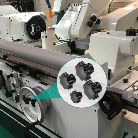 All-In-One 16 Piece Clamping Star Knob Set For Machines With M4 M6 M8 M10 Threads, shown on machinery in workshop