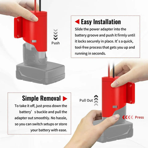 Diagram showing installation and removal of Two Pack Power Wheel Battery Adapter Kit For Milwaukee 12V with red housing and hands operating.