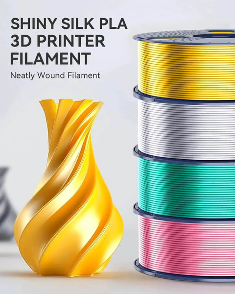 Silk PLA Filament 1.75mm 1kg for 3D printers with glossy silk finish, colorful spools, perfect for art and craft projects